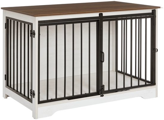 Dierenwoning hondenbench met wit stalen frame en houten meubelblad