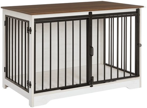 Dierenwoning hondenbench met wit stalen frame en houten meubelblad